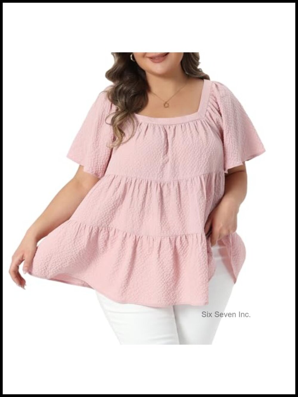 Plus Size Square Neck Babydoll Blouse Tiered Ruffle Short Sleeve Top